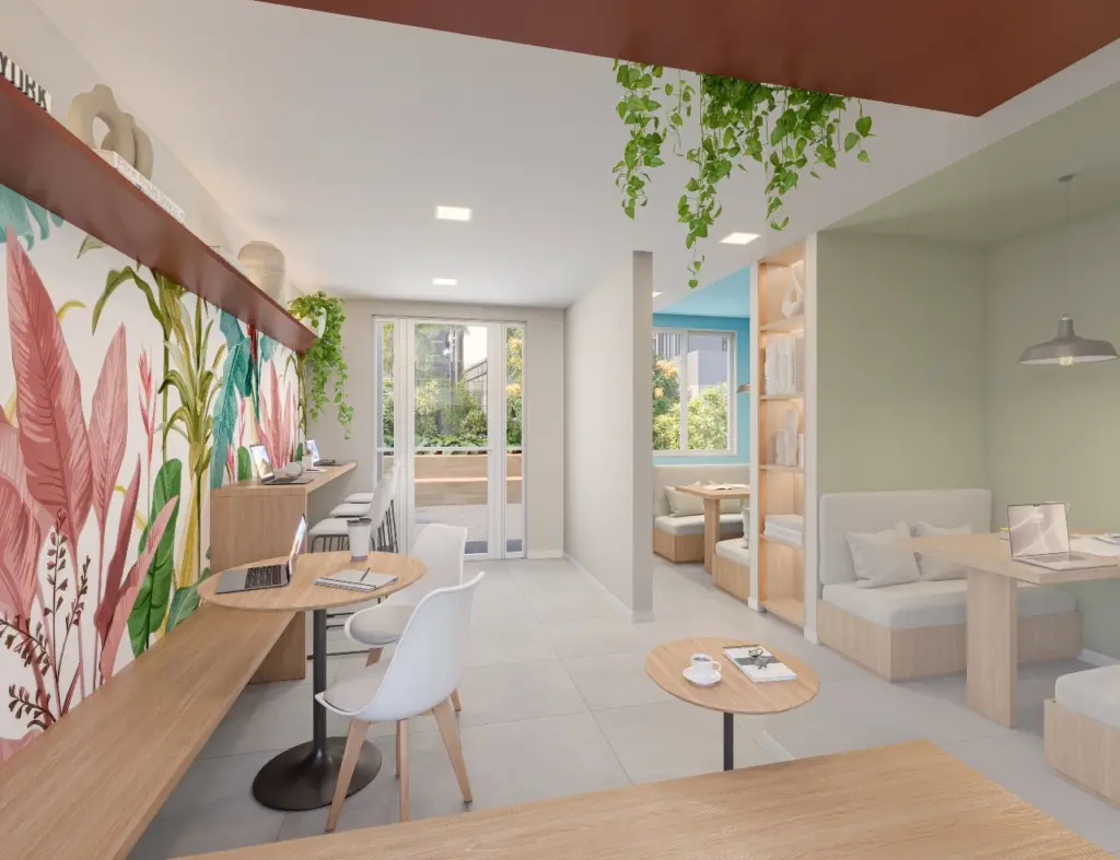 ELEV Anhaia Mello, lounge com painel decorativo e poltronas