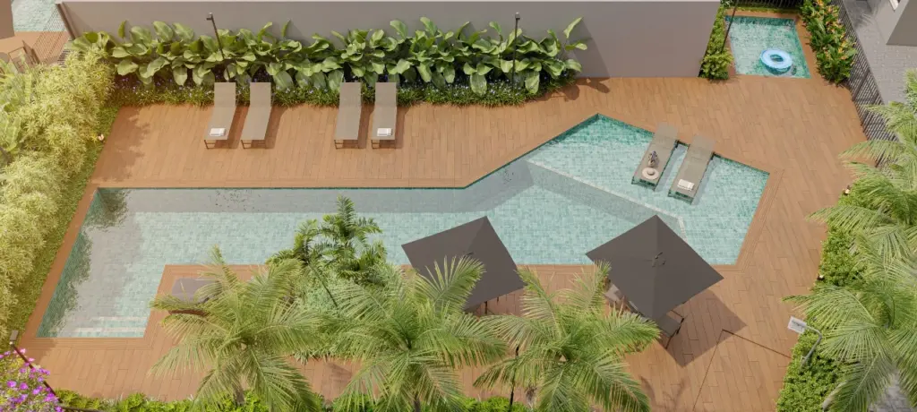 ELEV Anhaia Mello, piscina com deck e espreguiçadeiras