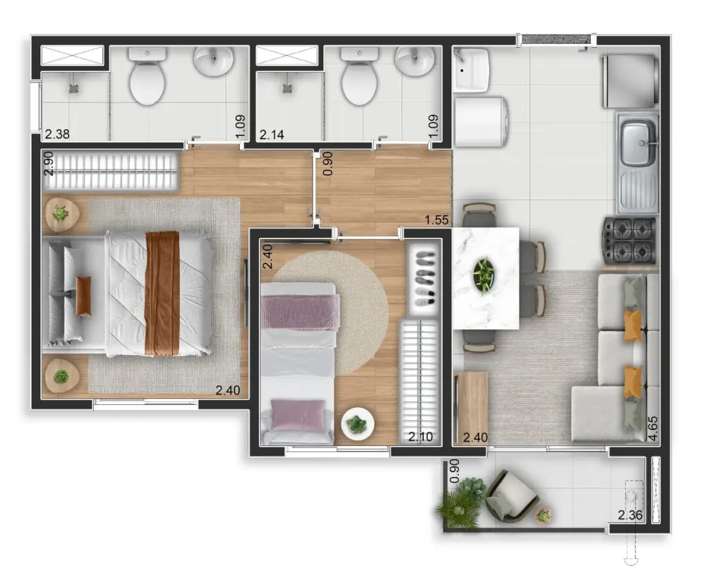ELEV Anhaia Mello, planta de 2 dormitórios com terraço, foto 2