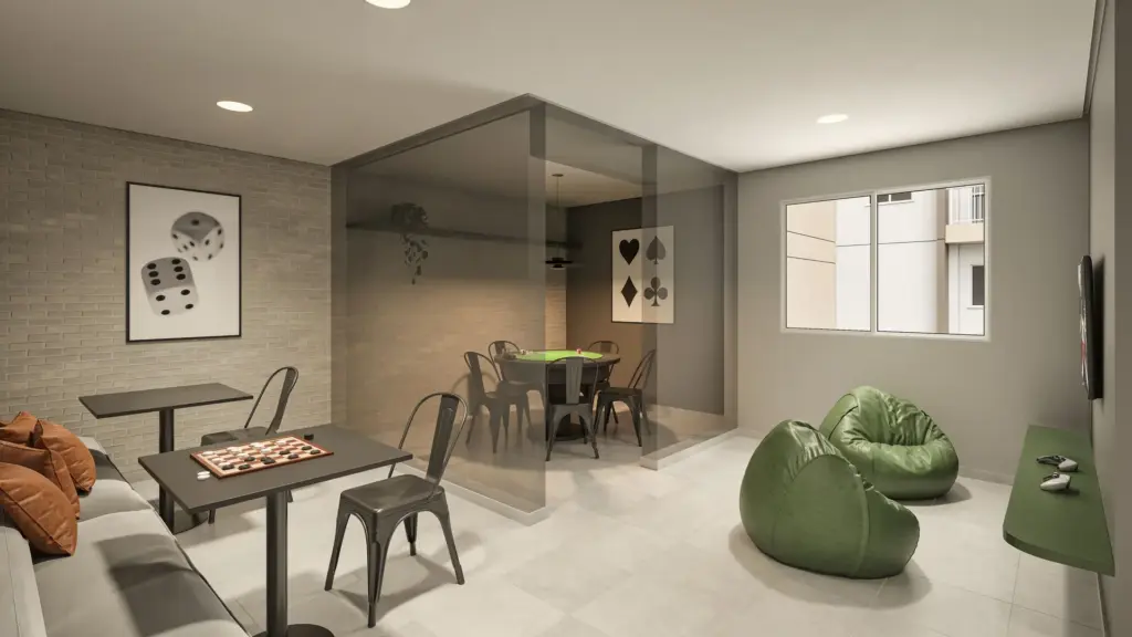 SPIN Zona Sul, lounge de convívio com mesa e pufes