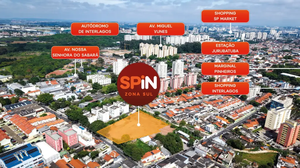 SPIN Zona Sul, vista aérea do bairro com pontos de interesse