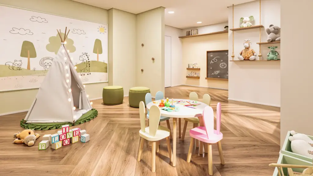 VERDÍ Tiquatira, brinquedoteca com cabana e mesas infantis