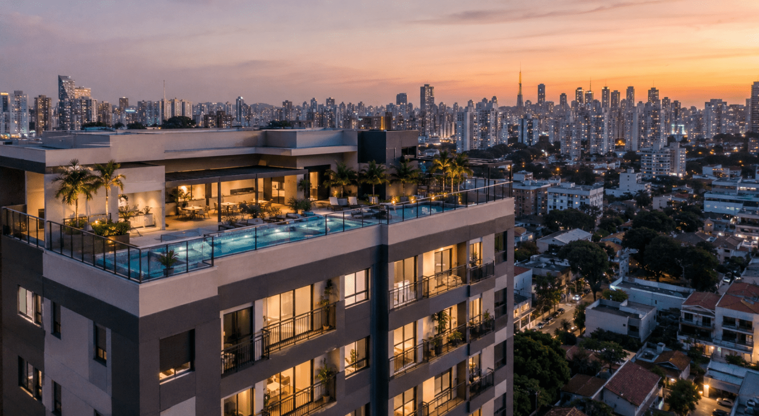 Apartamentos De Lazer Completo Em Bairro Estruturado, Vista Aérea Ao Entardecer