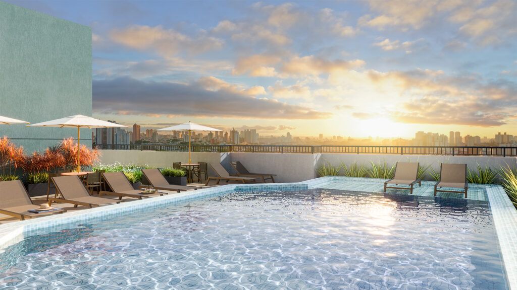 VINX Marajoara, piscina com deck e espreguiçadeiras ao entardecer