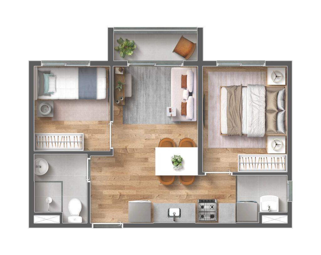 Vibra Belenzinho — planta de 2 dormitórios de 37 m² com varanda — iApartamentos CONQUISTA — Belenzinho