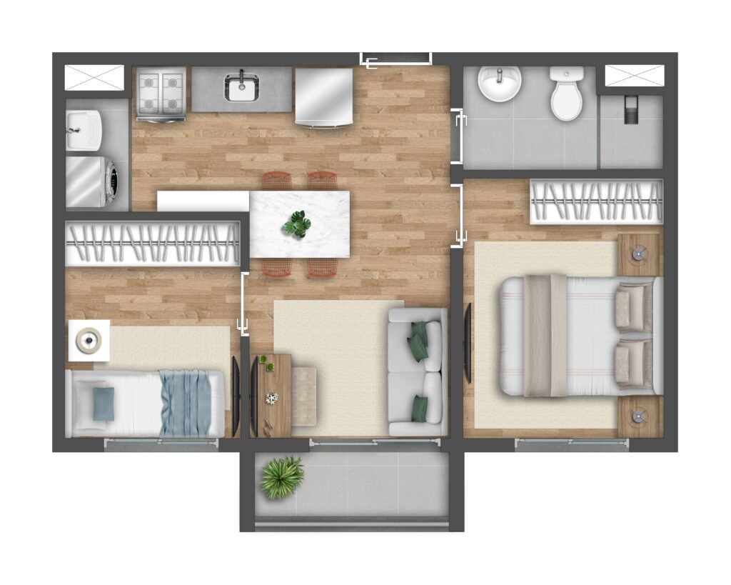 Vibra Belenzinho — planta de 2 dormitórios de 37 m² com varanda — iApartamentos CONQUISTA — Belenzinho