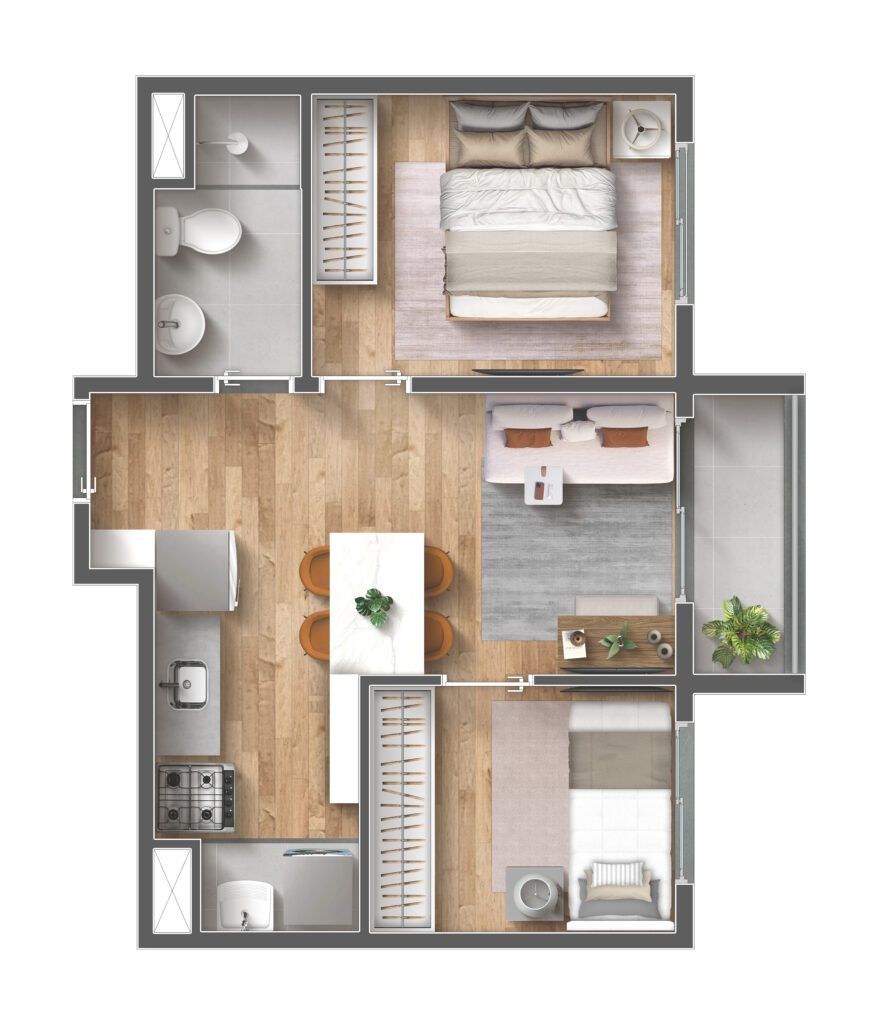 Vibra Belenzinho — planta de 2 dormitórios de 38 m² com varanda — iApartamentos CONQUISTA — Belenzinho