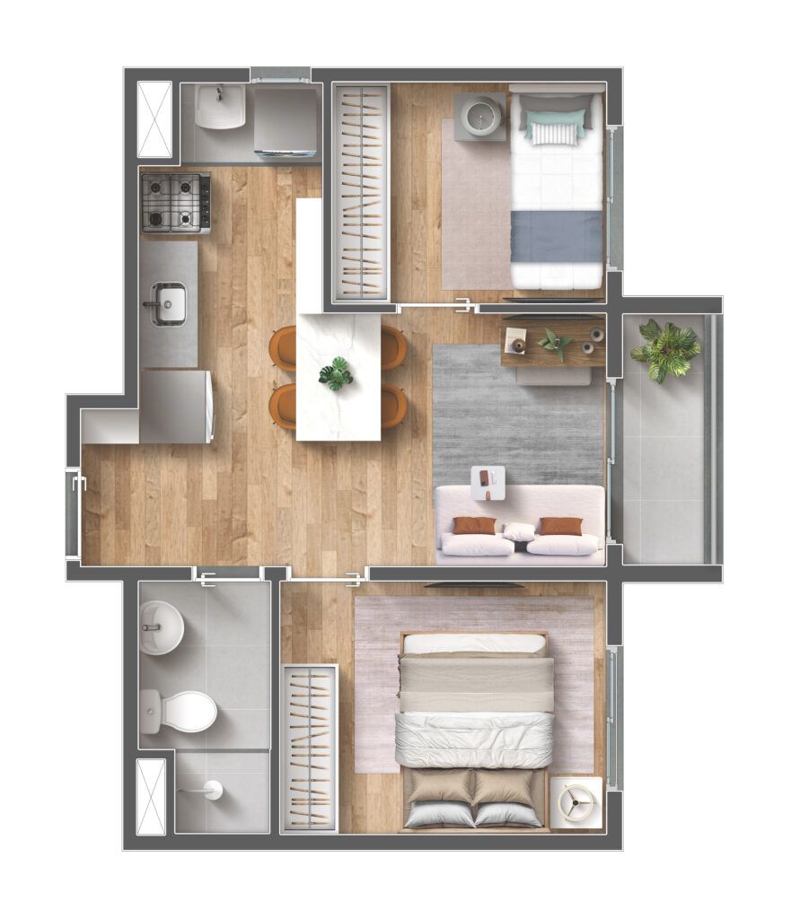 Vibra Belenzinho — planta de 2 dormitórios de 38 m² final 08 com varanda — iApartamentos CONQUISTA — Belenzinho