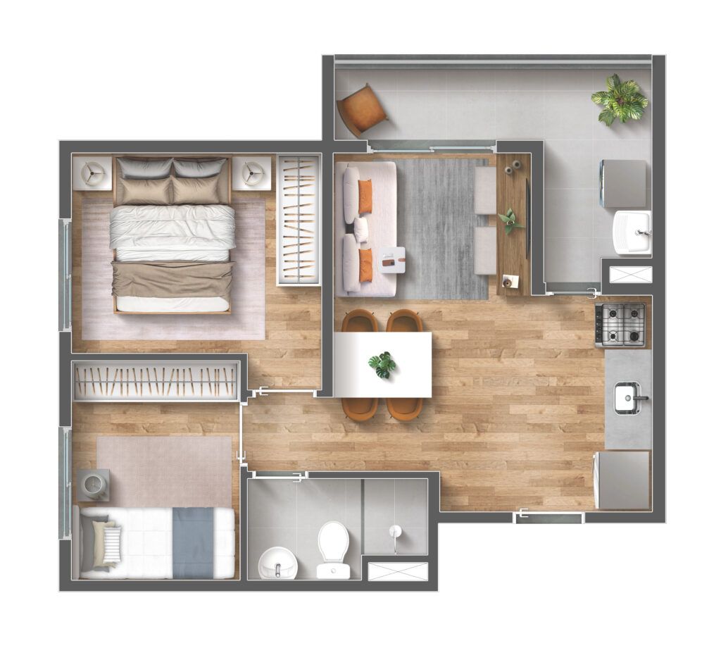 Vibra Belenzinho — planta de 2 dormitórios de 42 m² com varanda — iApartamentos CONQUISTA — Belenzinho