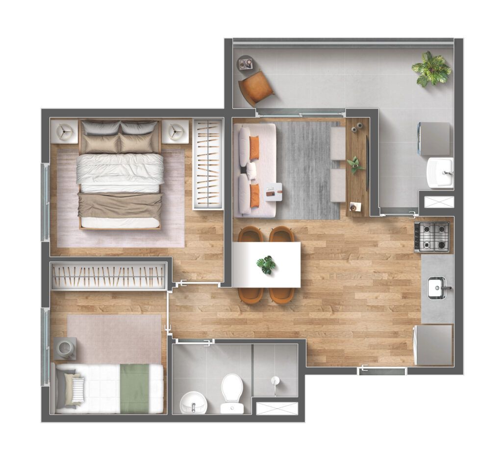 Vibra Belenzinho — planta de 2 dormitórios de 43 m² com varanda — iApartamentos CONQUISTA — Belenzinho