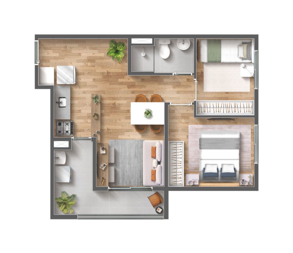 Vibra Belenzinho — planta de 2 dormitórios de 45 m² com varanda — iApartamentos CONQUISTA — Belenzinho