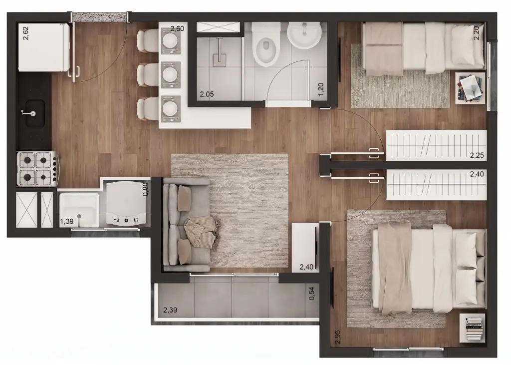 Tech Zona Sul, planta tipo A de 2 dormitórios de 34 m² com terraço, Pedreira, Zona Sul de São Paulo