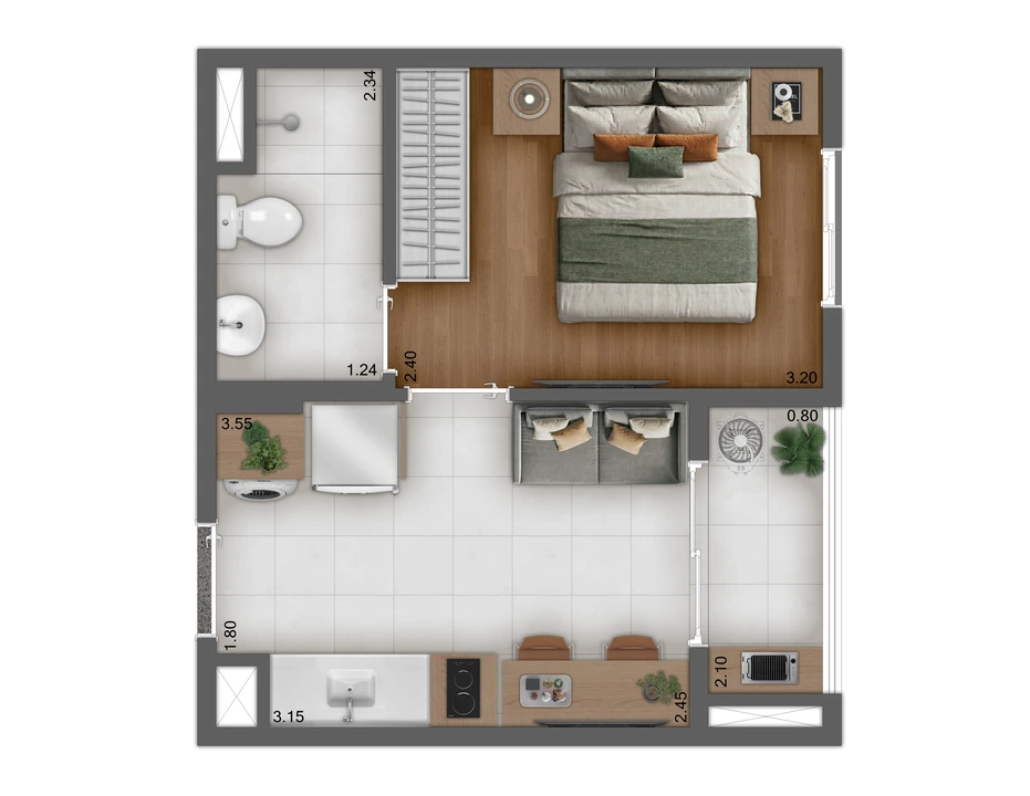 Kazzas Vila Carrão, planta de 1 dormitório com 24 m², iApartamentos CONQUISTA, Vila Carrão