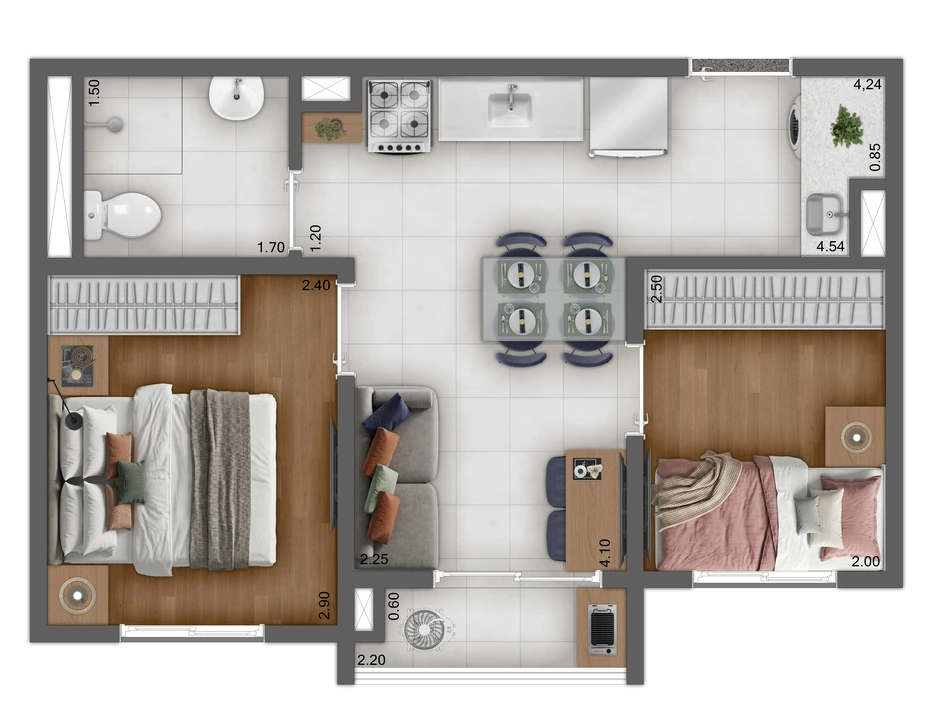 Kazzas Vila Carrão, planta de 2 dormitórios com 33 e 34 m², iApartamentos CONQUISTA, Vila Carrão