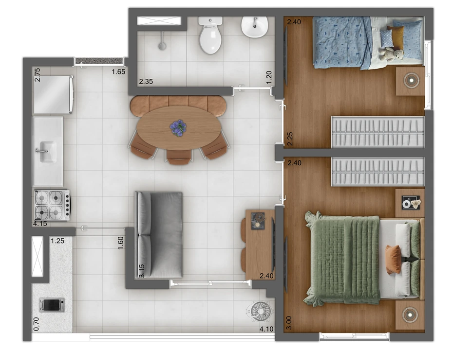 Kazzas Vila Carrão, planta de 2 dormitórios com 37 m², iApartamentos CONQUISTA, Vila Carrão