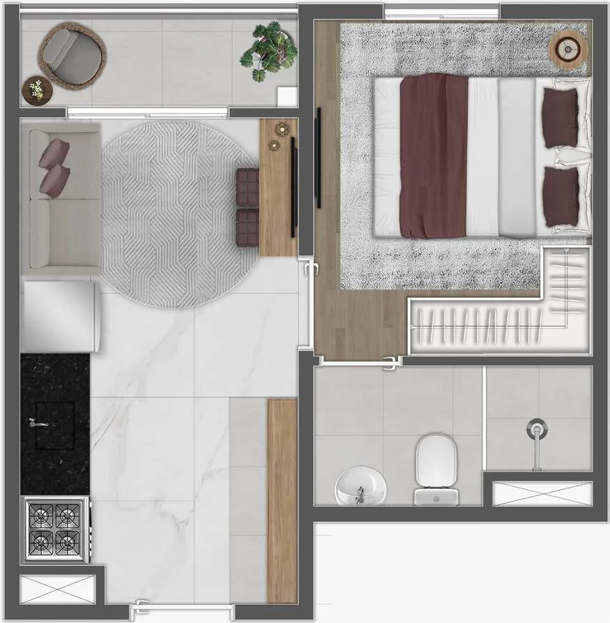 Mundo Apto Alto da Mooca, planta de 1 dormitório com varanda, finais 03, 06 e 14, iApartamentos CONQUISTA, Mooca