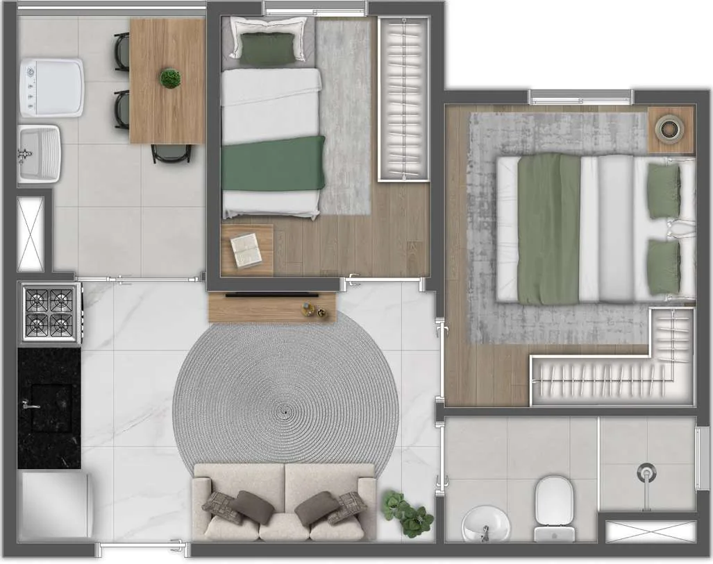 Mundo Apto Alto da Mooca, planta de 2 dormitórios com varanda, finais 01 e 16, iApartamentos CONQUISTA, Mooca