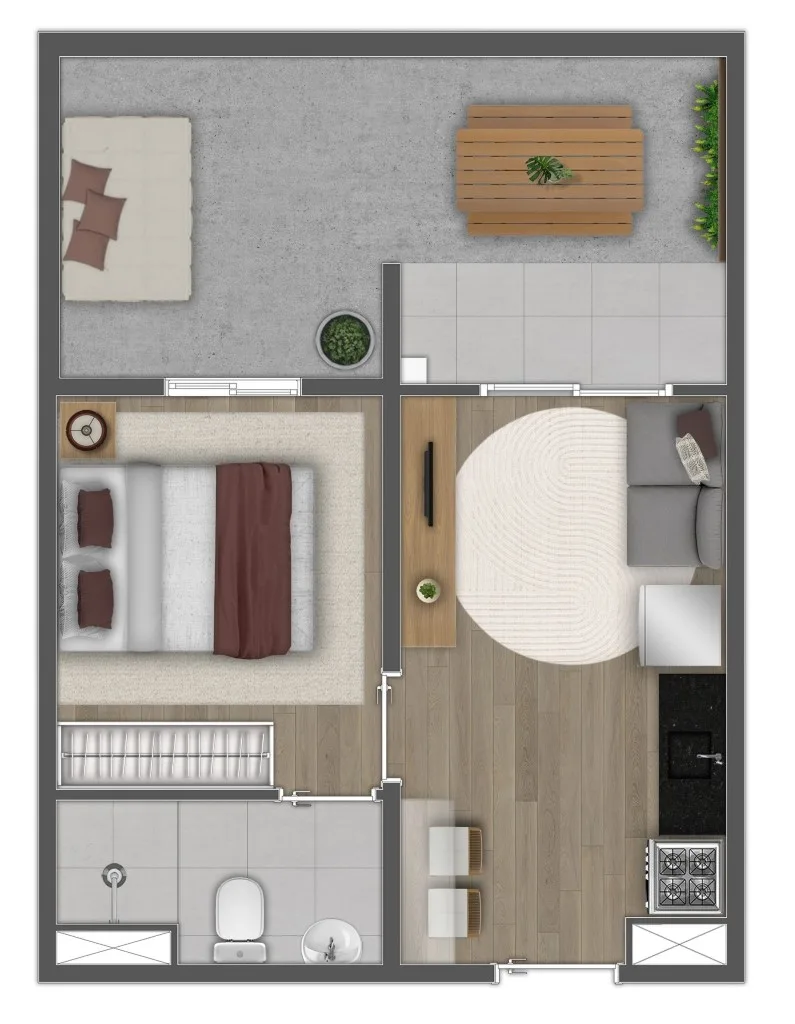 Mundo Apto Estação Brooklin, planta garden de 1 dormitório, iApartamentos CONQUISTA, Brooklin