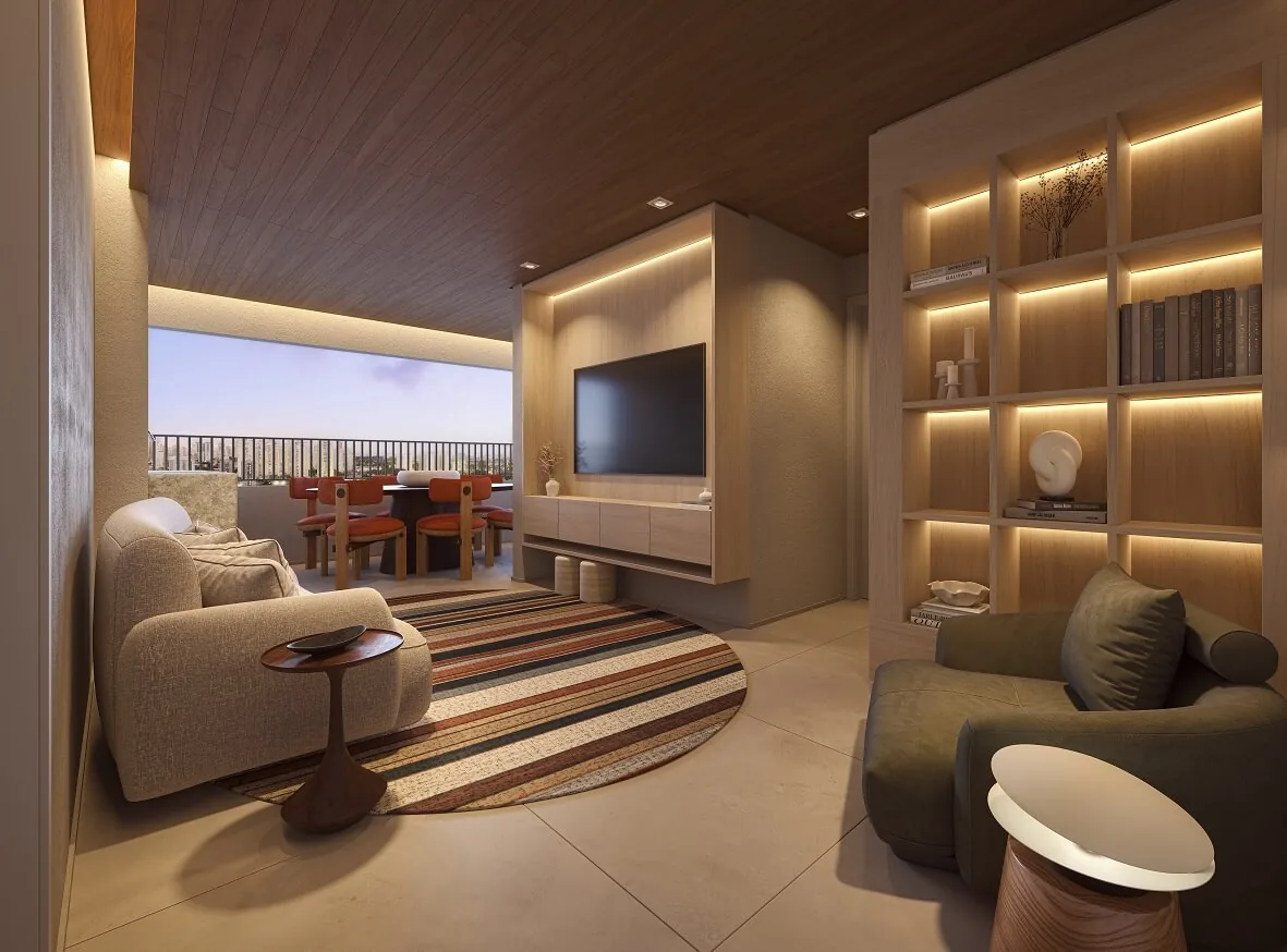 Pátio Penha, living do apartamento de 3 dormitórios com suíte de 75 m², curadoria iApartamentos CONQUISTA, Penha