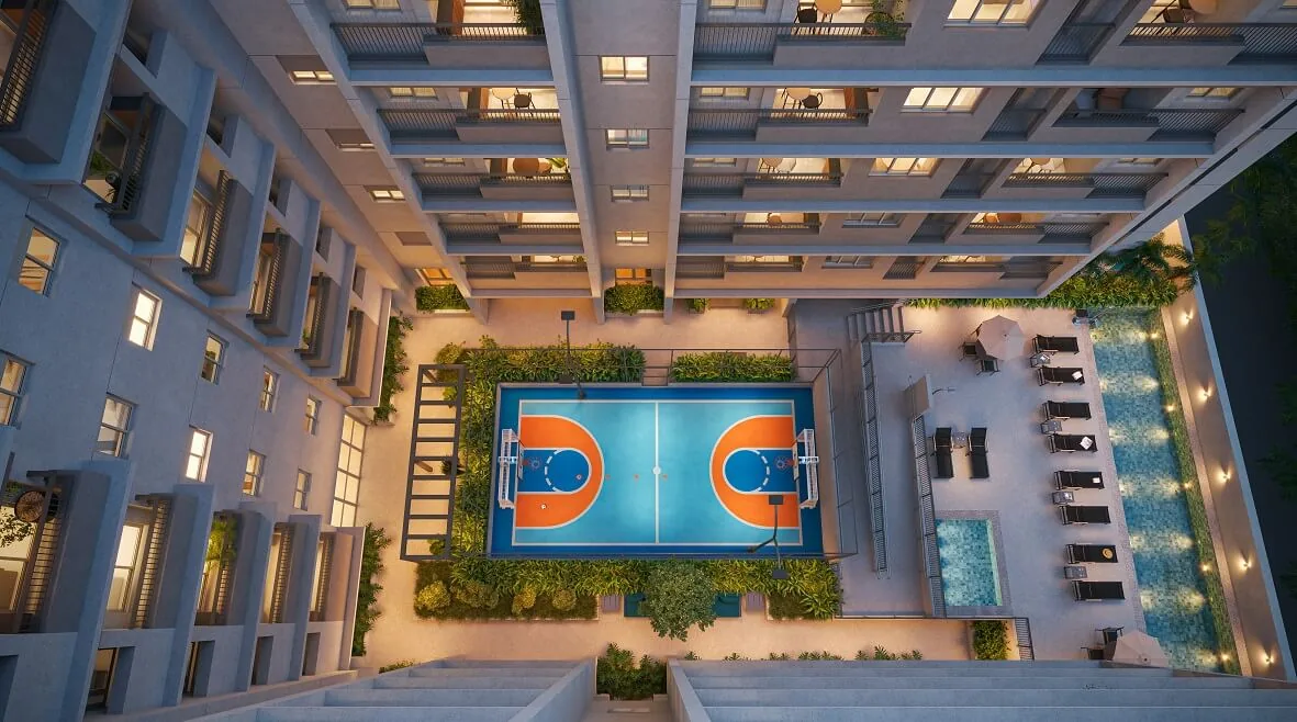 Pátio Penha, vista aérea da praça central com piscina e quadra, curadoria iApartamentos CONQUISTA, Penha