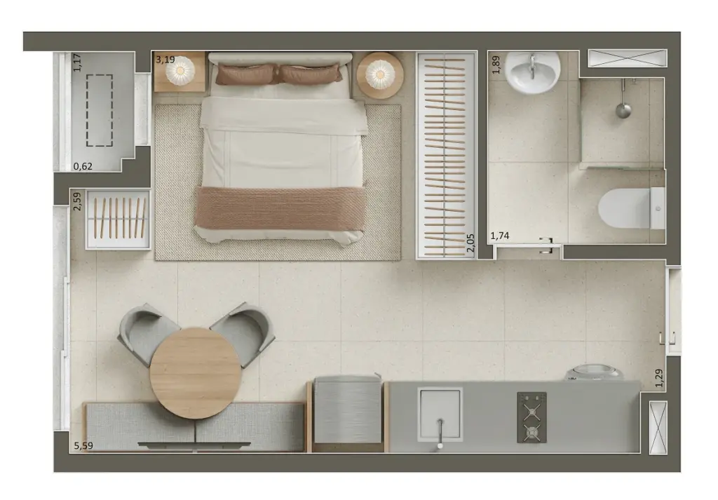 Pátio Penha, planta do studio de 25 m², curadoria iApartamentos CONQUISTA, Penha