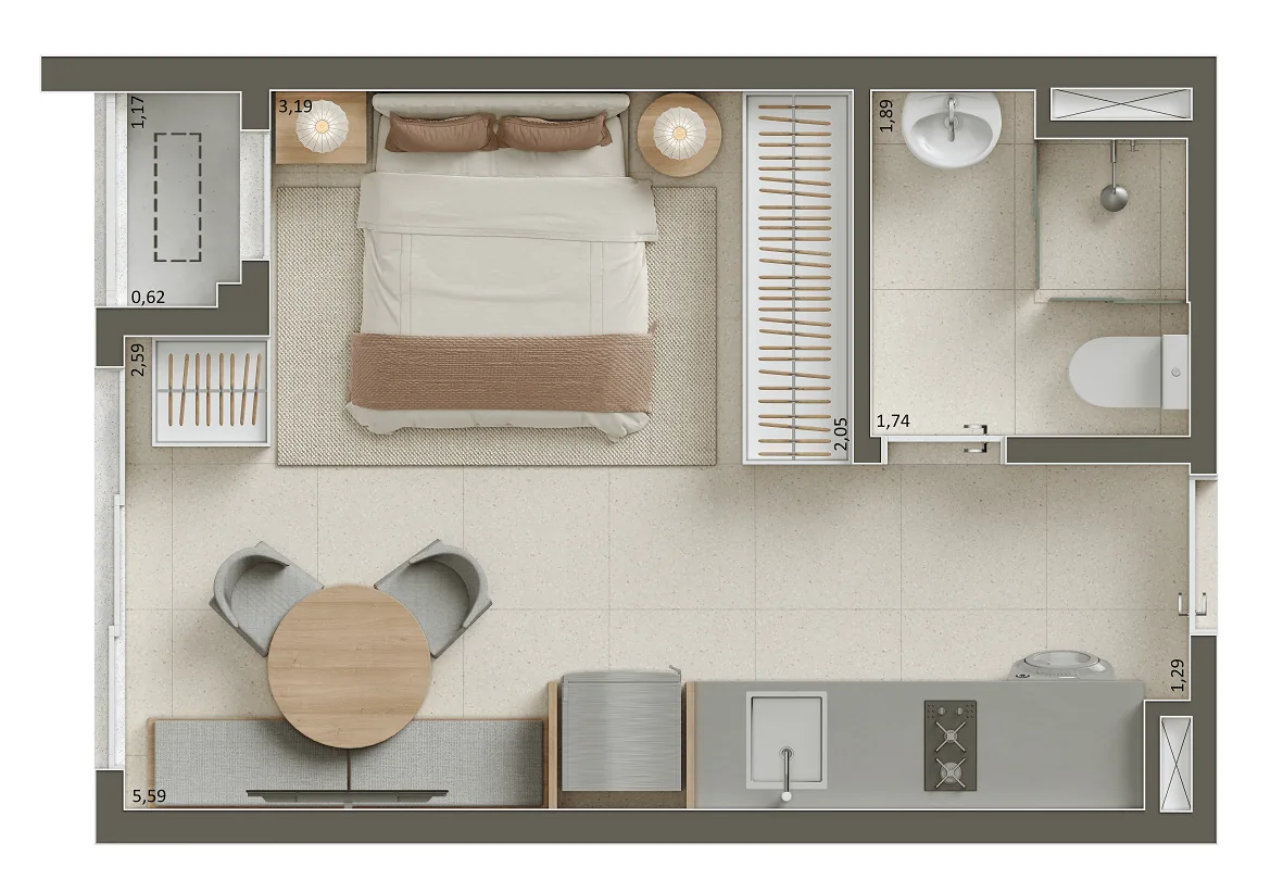 Pátio Penha, planta do studio de 25 m², curadoria iApartamentos CONQUISTA, Penha