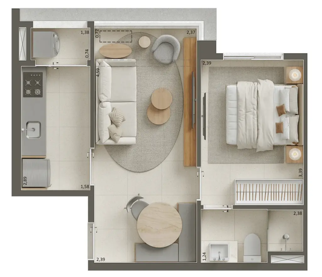 Pátio Penha, planta do apartamento de 1 dormitório de 34 m², curadoria iApartamentos CONQUISTA, Penha