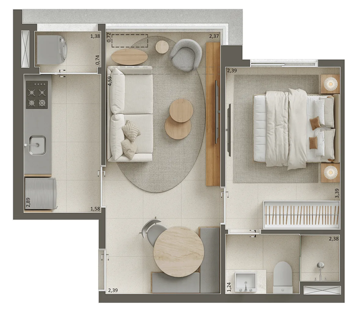 Pátio Penha, planta do apartamento de 1 dormitório de 34 m², curadoria iApartamentos CONQUISTA, Penha