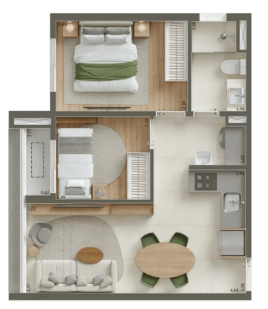 Pátio Penha, planta do apartamento de 2 dormitórios de 43 m², curadoria iApartamentos CONQUISTA, Penha