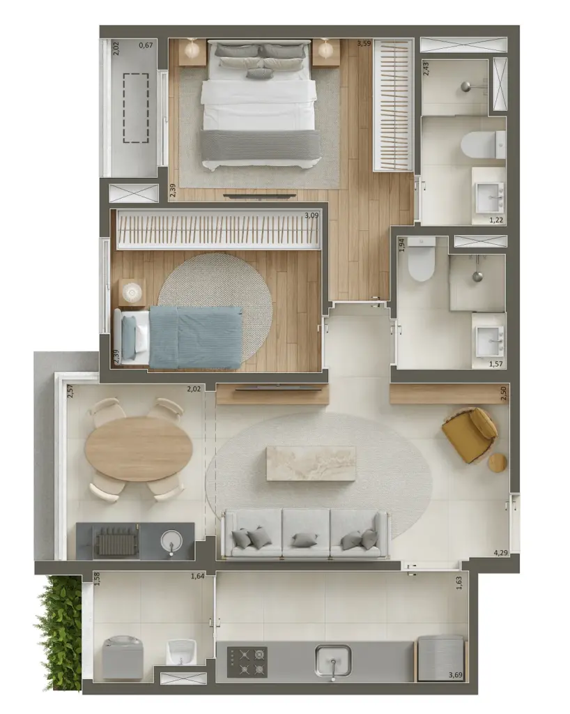 Pátio Penha, planta do apartamento de 2 dormitórios com suíte de 59 m², curadoria iApartamentos CONQUISTA, Penha