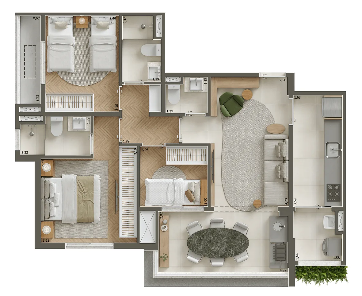 Pátio Penha, planta do apartamento de 3 dormitórios com suíte de 75 m², curadoria iApartamentos CONQUISTA, Penha