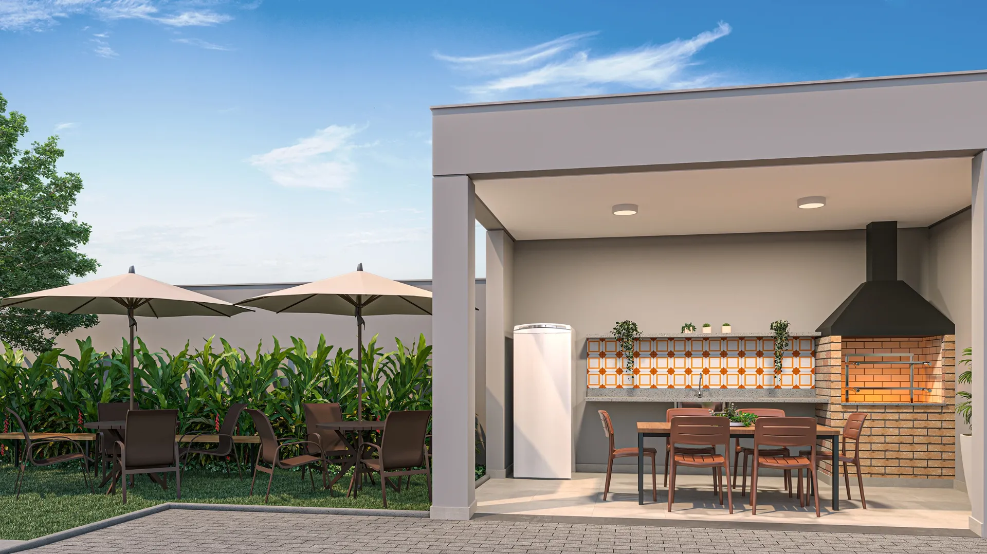 Vibra Origem Mooca, churrasqueira com bancada e mesa de convivência, iApartamentos CONQUISTA, Mooca