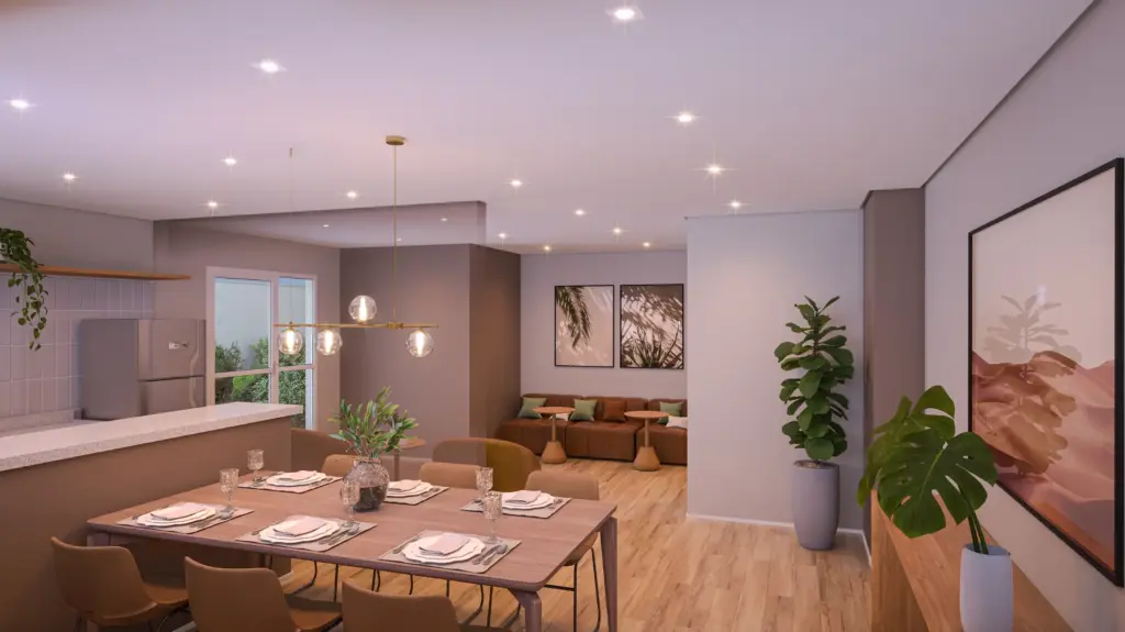 Vibra Origem Mooca, espaço gourmet integrado ao coworking com mesas e bancada, iApartamentos CONQUISTA, Mooca