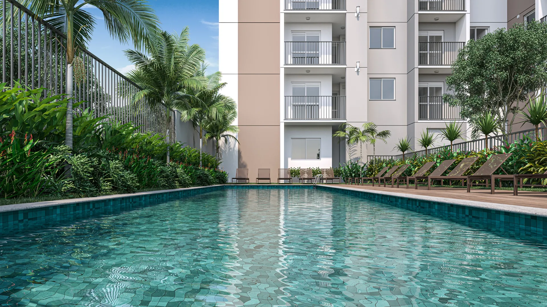 Vibra Origem Mooca, piscina adulto com solário e espreguiçadeiras, iApartamentos CONQUISTA, Mooca