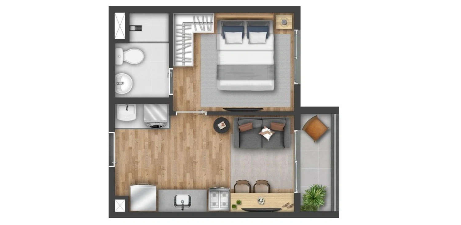 Vibra Origem Mooca, planta de 27 m² com 1 quarto e varanda, iApartamentos CONQUISTA, Mooca