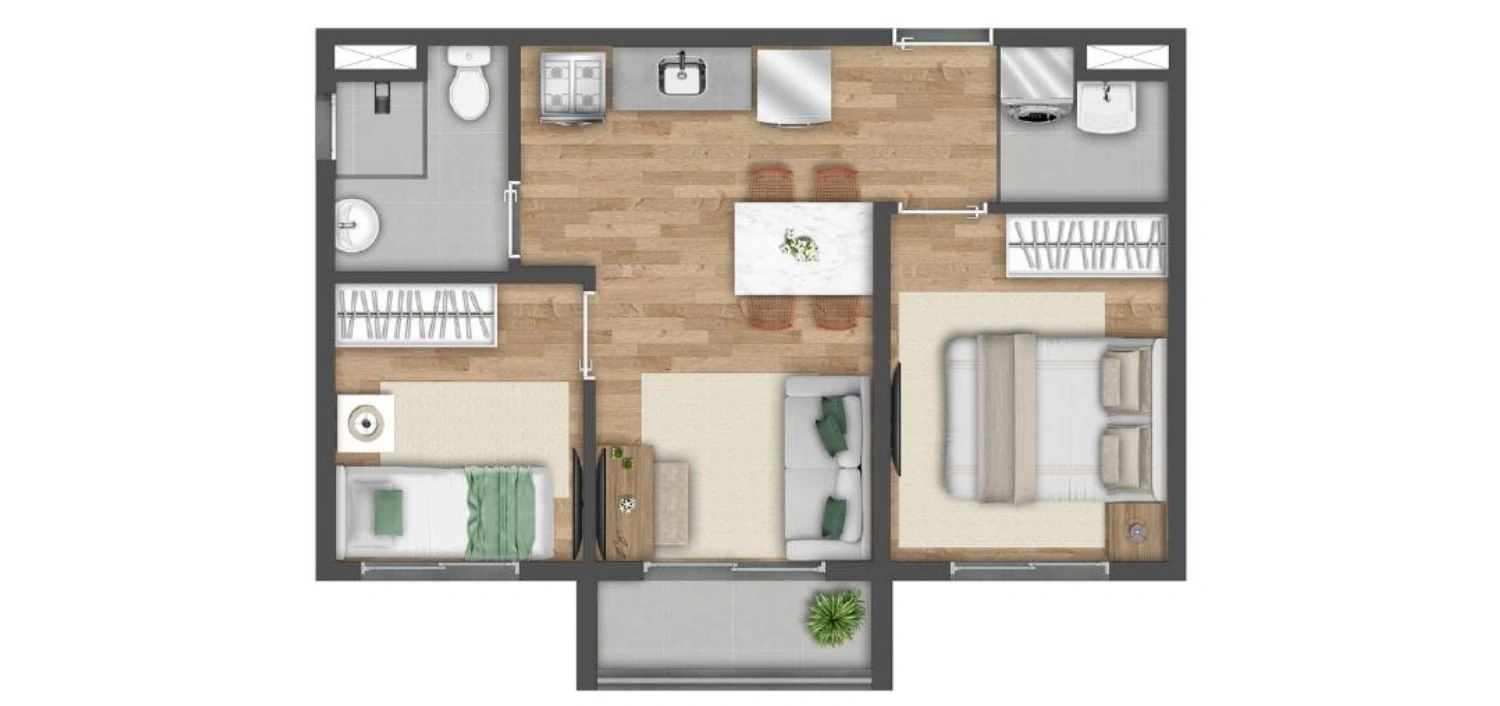 Vibra Origem Mooca, planta de 37 m² com 2 quartos e varanda, iApartamentos CONQUISTA, Mooca