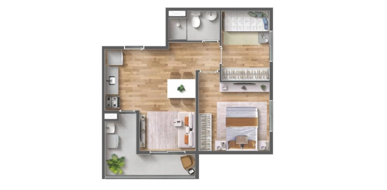 Vibra Origem Mooca, planta de 46 m² com 2 quartos e varanda, iApartamentos CONQUISTA, Mooca